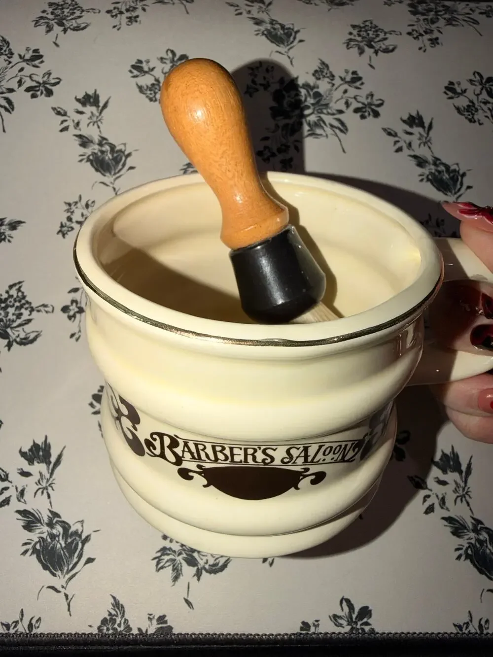 Vintage Barber's Saloon Shaving Mug & Brush Set Ceramic Gold Rim Wood Handle